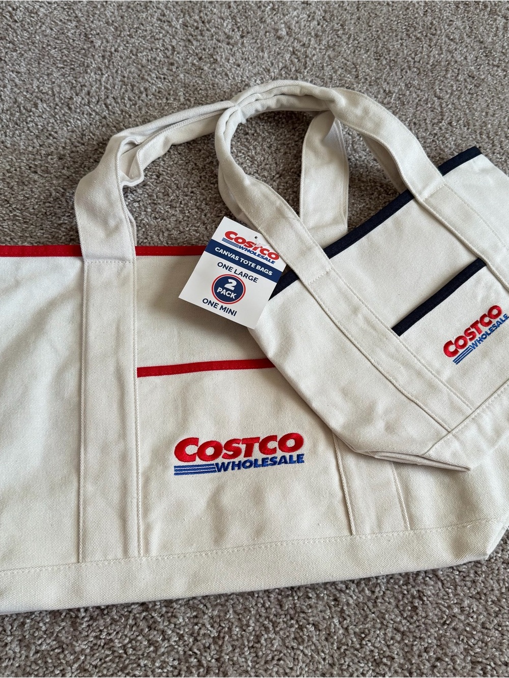 Costco Authentic Canvas Tote Bag Set - Natural with Red and Navy Trim